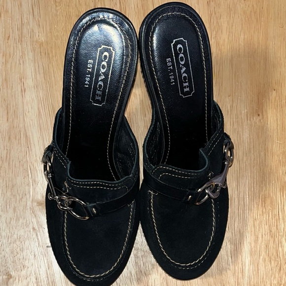 COACH Cleo Black Suede Platform Clip & Ring Clogs Mules Heels Size 7.5B Shoes - Picture 8 of 14